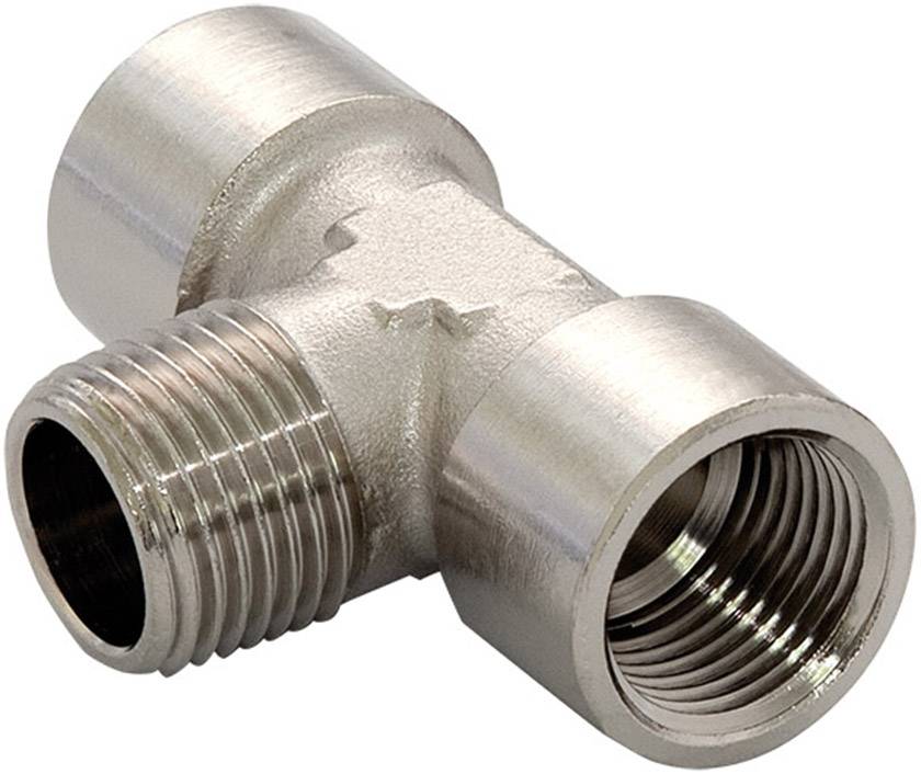 A metallic T-piece with two internal threads and one external thread, suitable for water or gas pipe connections.