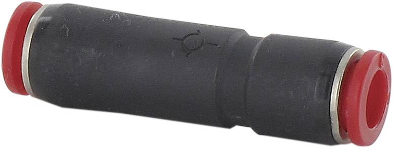 Black pneumatic connector with red end caps, cylindrical in shape, used for connecting air hoses.