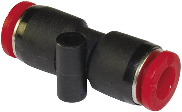 Plastic T-piece with two red ends, used in pneumatic systems for connecting hoses.