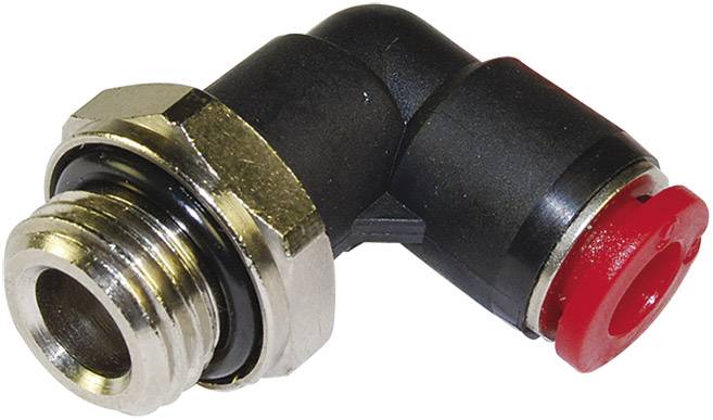 Black and red L-shaped pneumatic coupling piece with metal threaded connection, used for connecting hoses in compressed air systems.