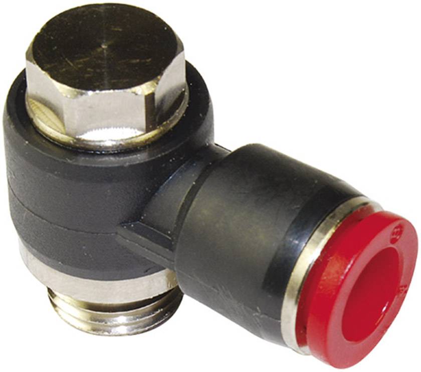 Black angular connection with silver and red accents, likely a pneumatic connection or hose fitting.