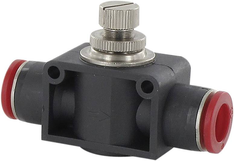 A T-piece connector with a valve on top, black housing and red seals, used in pneumatic systems.