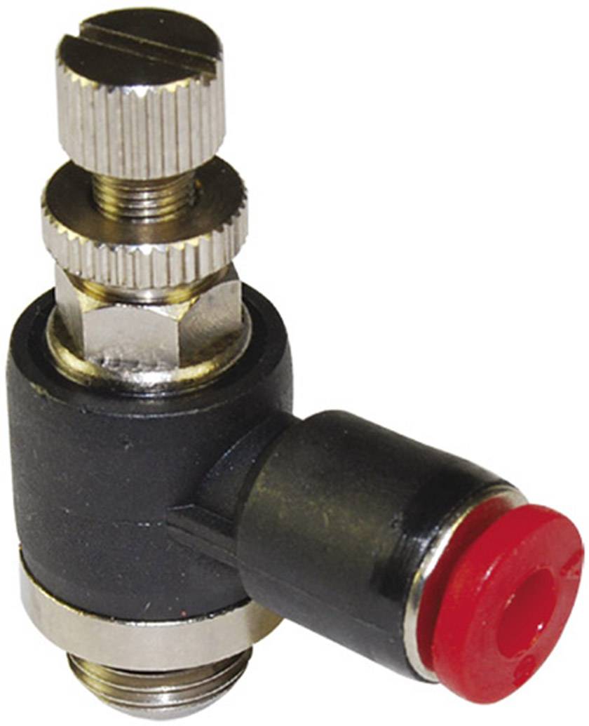 A pneumatic component with a black housing, silver valve screws on top, and a red connection on the right.
