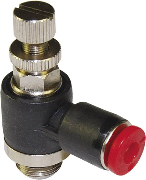 Small metal valve with a red cap, two adjustment screws on top, against a white background. Suitable for pneumatic applications.