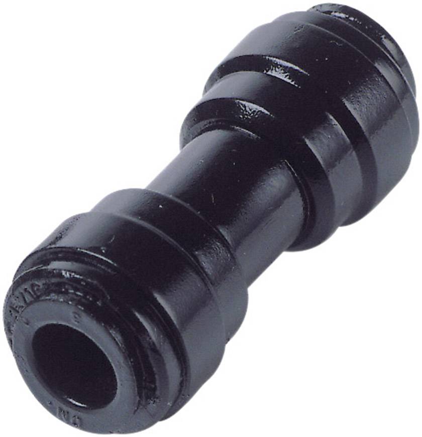 A black, cylindrical hose connector for irrigation systems, with ribbed ends for securely joining hoses.