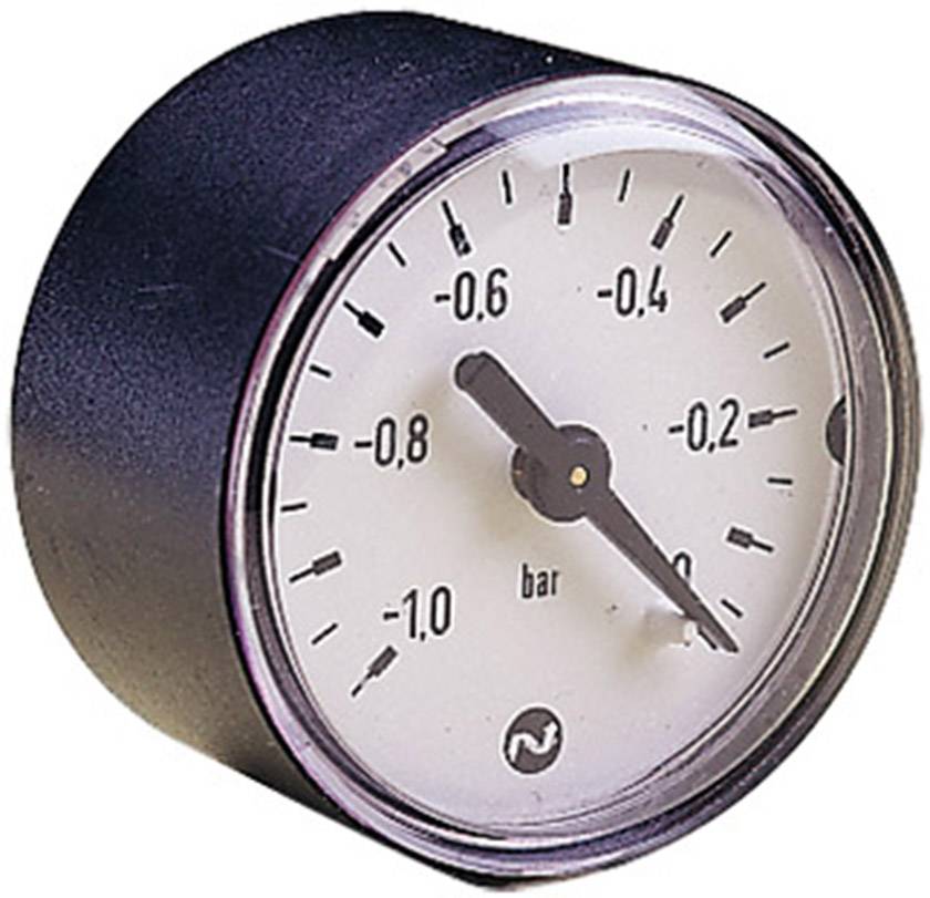 A round pressure gauge shows readings between -1.0 and 0 bar, with the pointer just below -0.6 bar. Instrument for pressure monitoring.