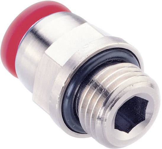 Metal adapter with hexagonal thread and red sealing element. Connects pipes or hoses securely and tightly.