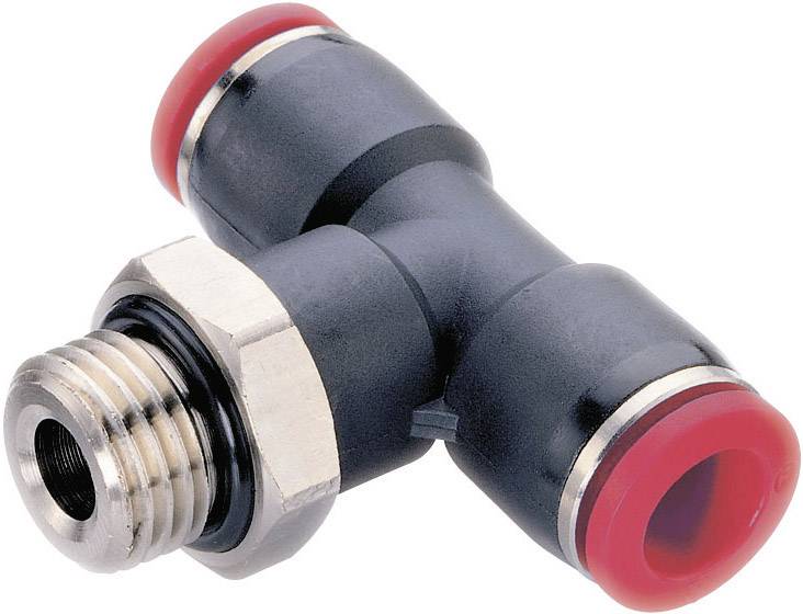 Black plastic T-piece connector with metal threading and red ends, suitable for pipe or hose systems.