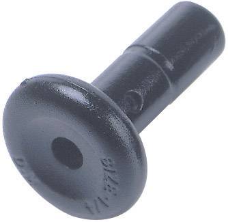 A black plastic buffer stop, cylindrical with a flat head and a central hole, for vibration damping.