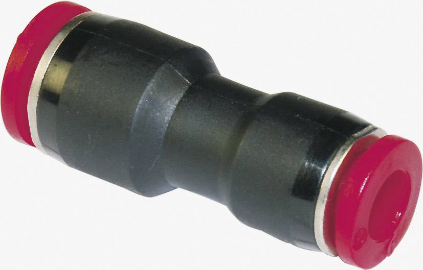 A black plastic connector with red ends, used for joining pipes or hoses.