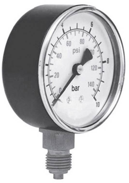 A dial pressure gauge is showing a pressure of approximately 120 psi and 8 bar. The dial is scaled in psi and bar.