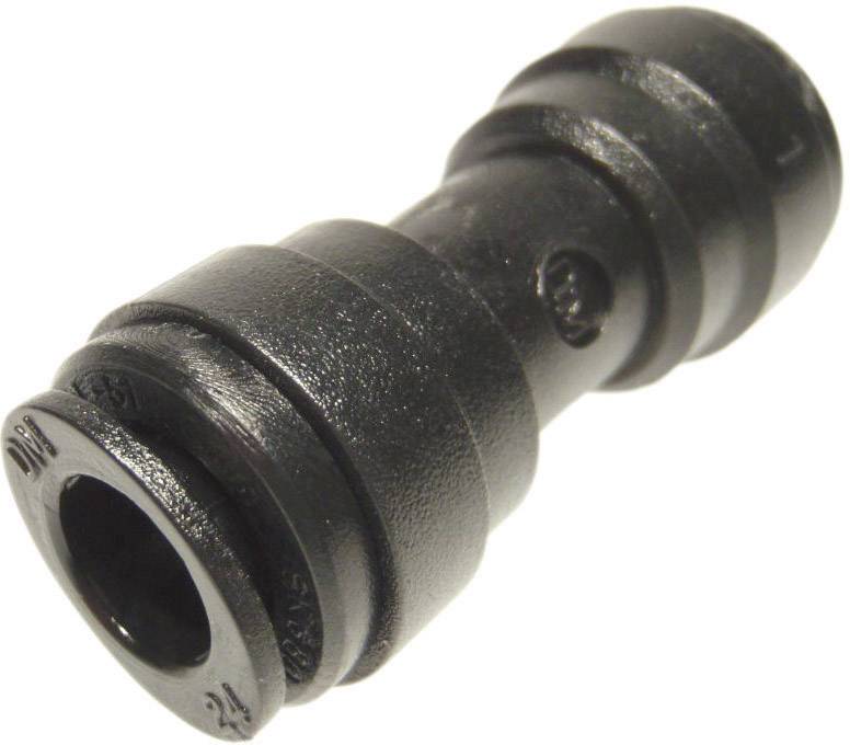 Black plastic connector, cylindrical, with openings on both sides for tube connections, on a white background.