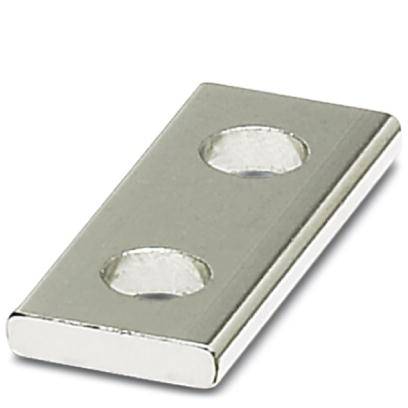 Rectangular, silver-coloured metal plate with two drill holes.