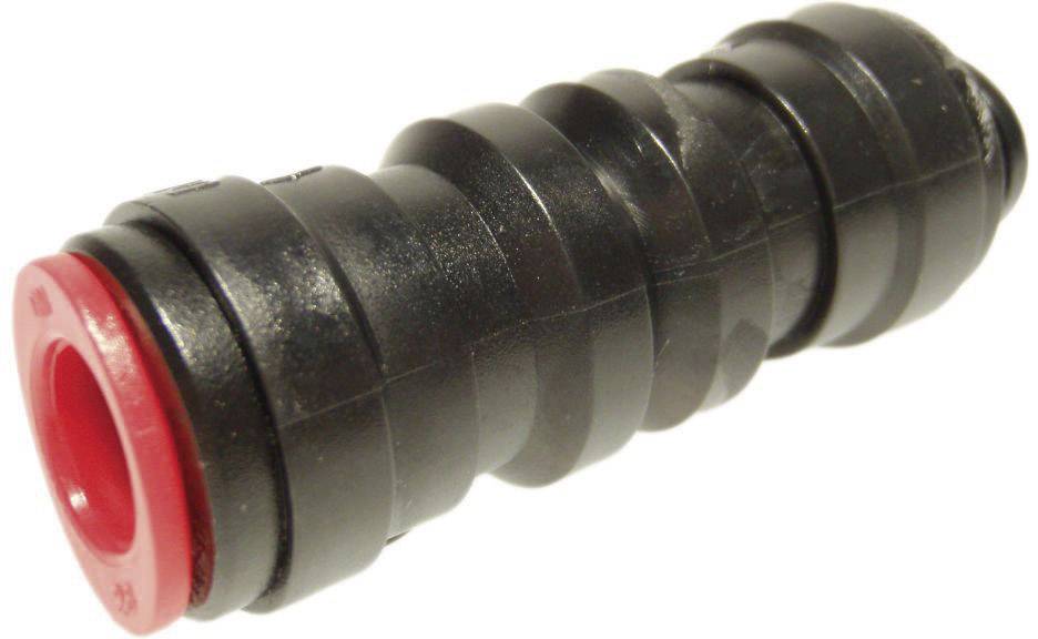 Schwarzer, zylindrischer Rohrverbinder mit rotem Ende. Geeignet für Bewässerungssysteme und Wasserschläuche.