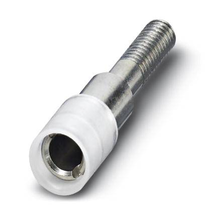 Metal screw with a white rubber seal at the lower end. It is set against a white background.