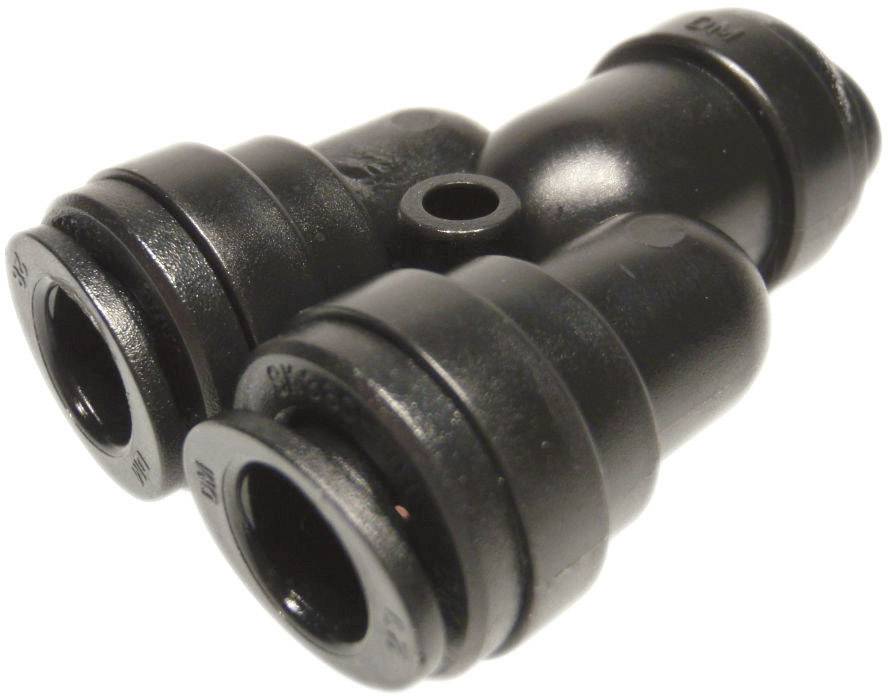 A black, Y-shaped plastic pipe connector with three connection openings, used in pneumatic systems.