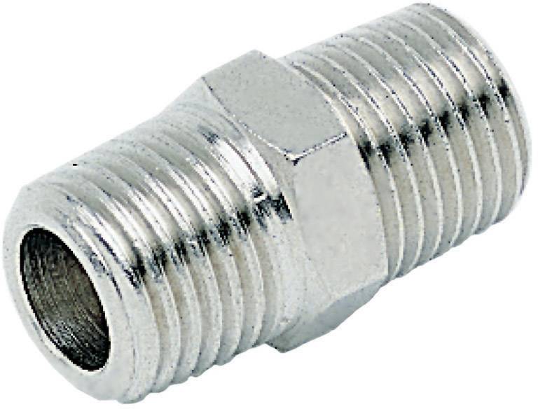 Metallic connecting piece with external threads on both ends for connecting pipes or hoses.