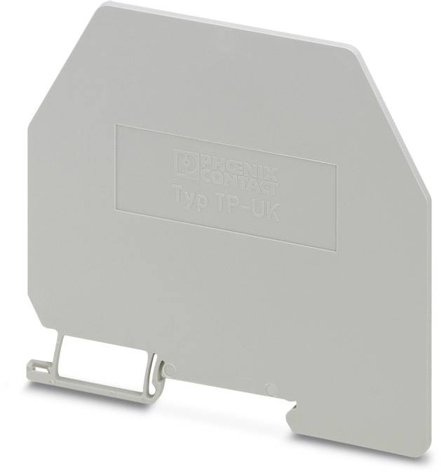 Grey end cover for Phoenix Contact terminal type TP-UK, rectangular with slight bevel, plastic, with clip attachment.