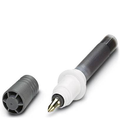Black-capped ballpoint pen refill, lying on a white surface.