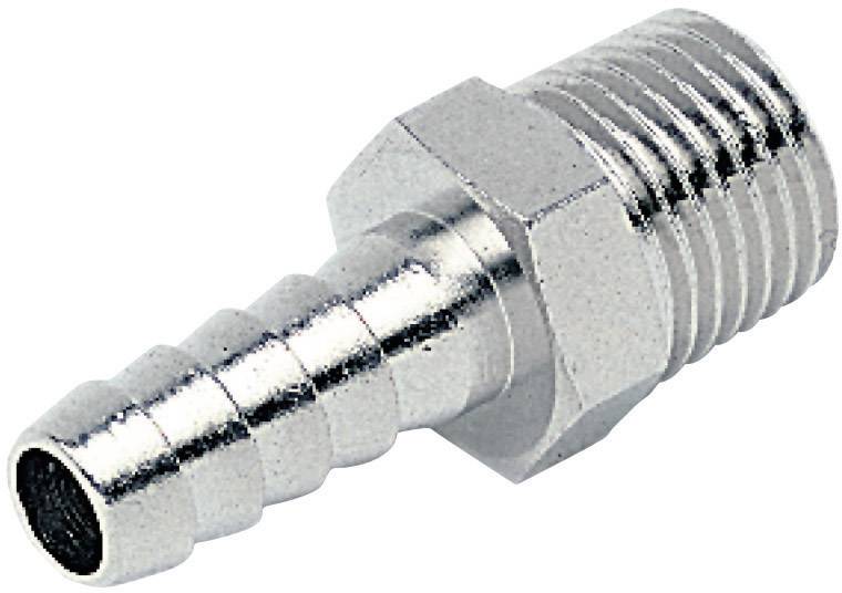 Metal hose connector with a threaded end on one side and a ribbed spigot on the other side for securing a hose.