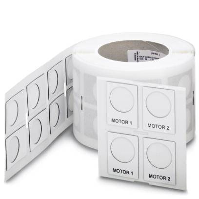 Roll with white labels, each marked with 'MOTOR 1' and 'MOTOR 2'. Each label has a circle in the centre.