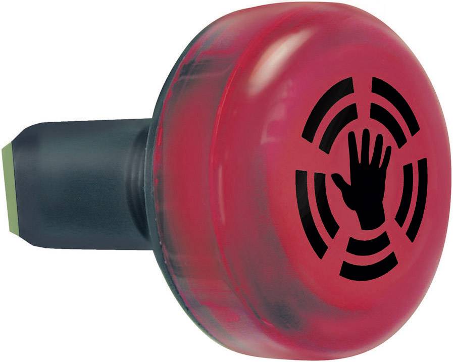 Red emergency stop button with a hand symbol and circular lines; for emergency machine shutdown.
