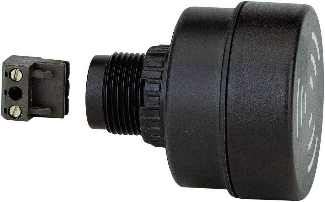 A black, cylindrical electrical connector with two metal contacts, depicted in two parts that fit together.