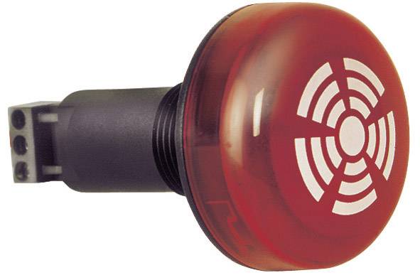 Red emergency stop switch with a speaker symbol, mounted on a black enclosure.