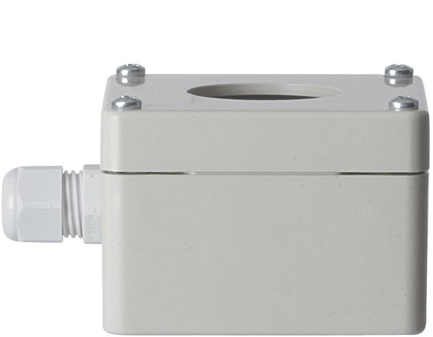 Grey rectangular enclosure with a large round hole at the top and a cable gland on the side. Suitable for electrical installations.