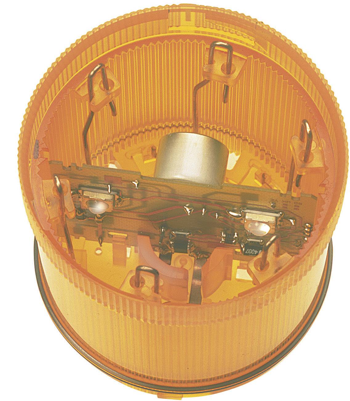An orange, round electronic mechanism with visible wires and components inside.