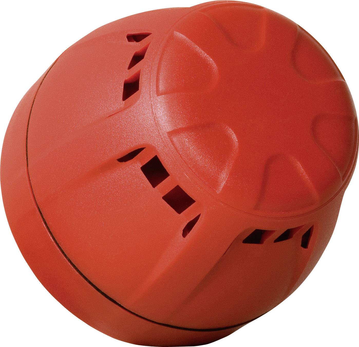 A red smoke detector with side ventilation slots that can be mounted on a ceiling.