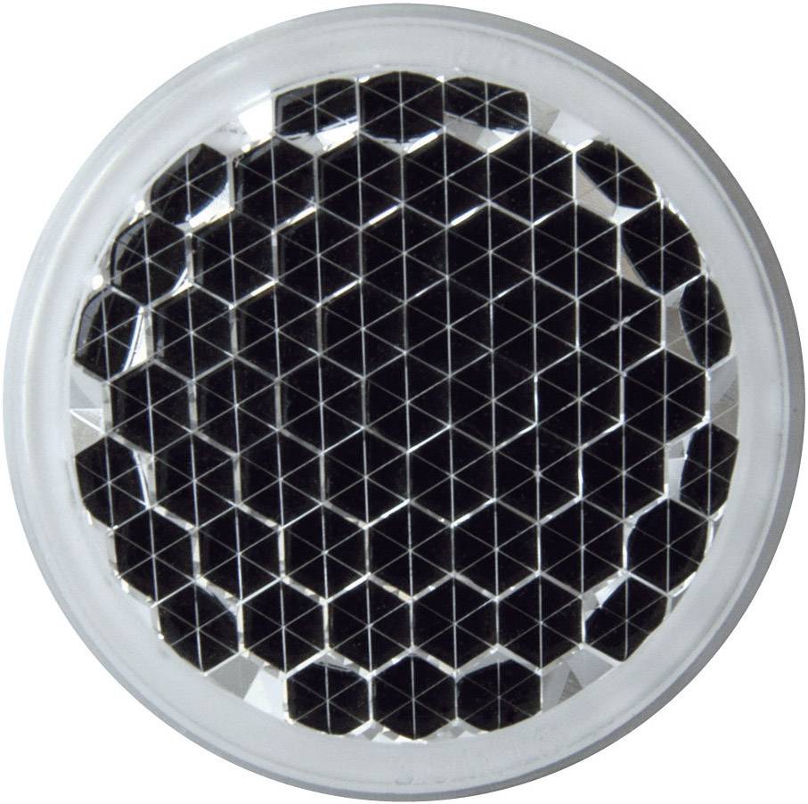 Round, reflective cat's eyes with a honeycomb-like pattern in black and white, commonly used in road safety.