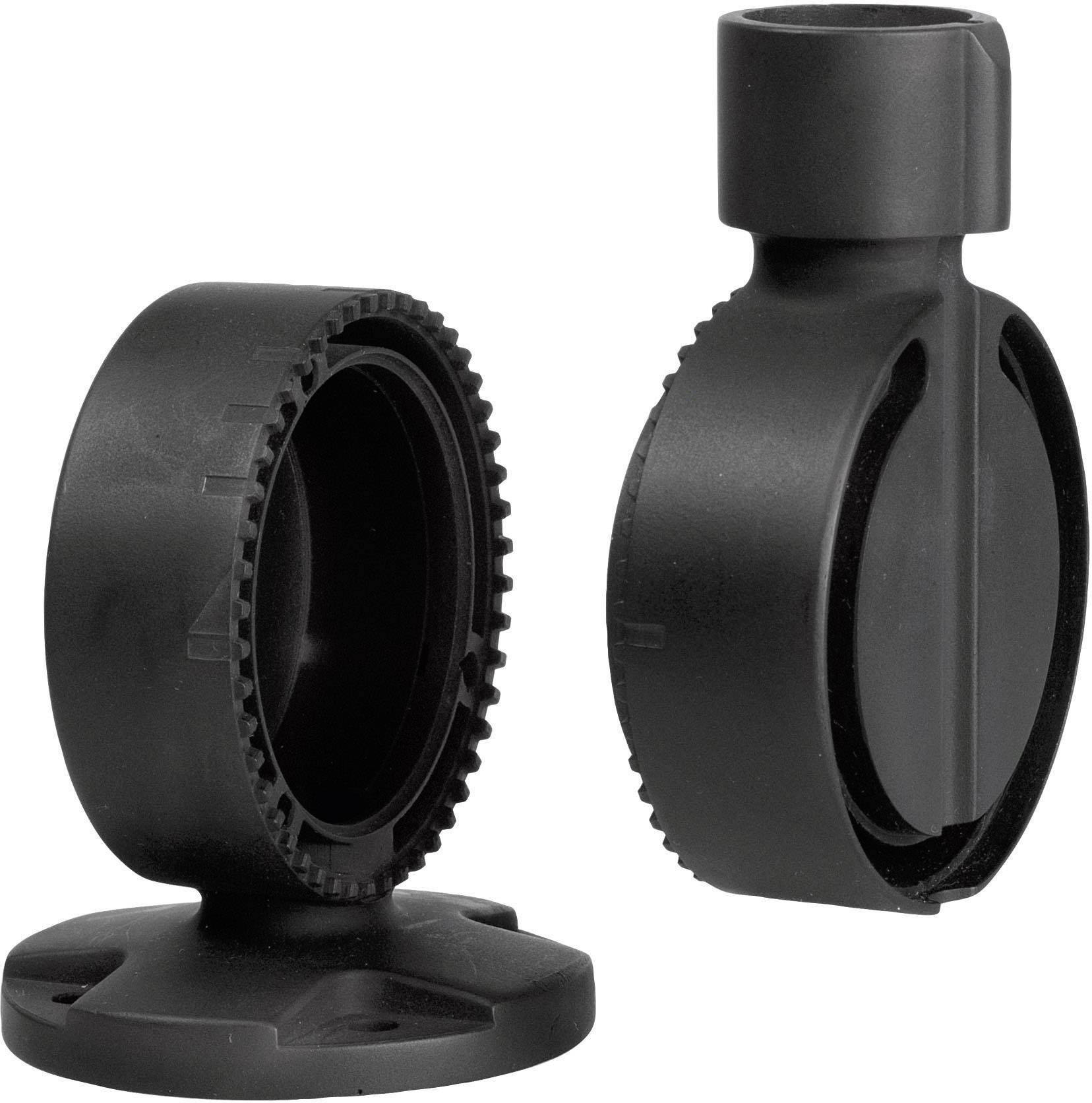 Two black plastic fixing parts with grooves and a flat base, side and front views.