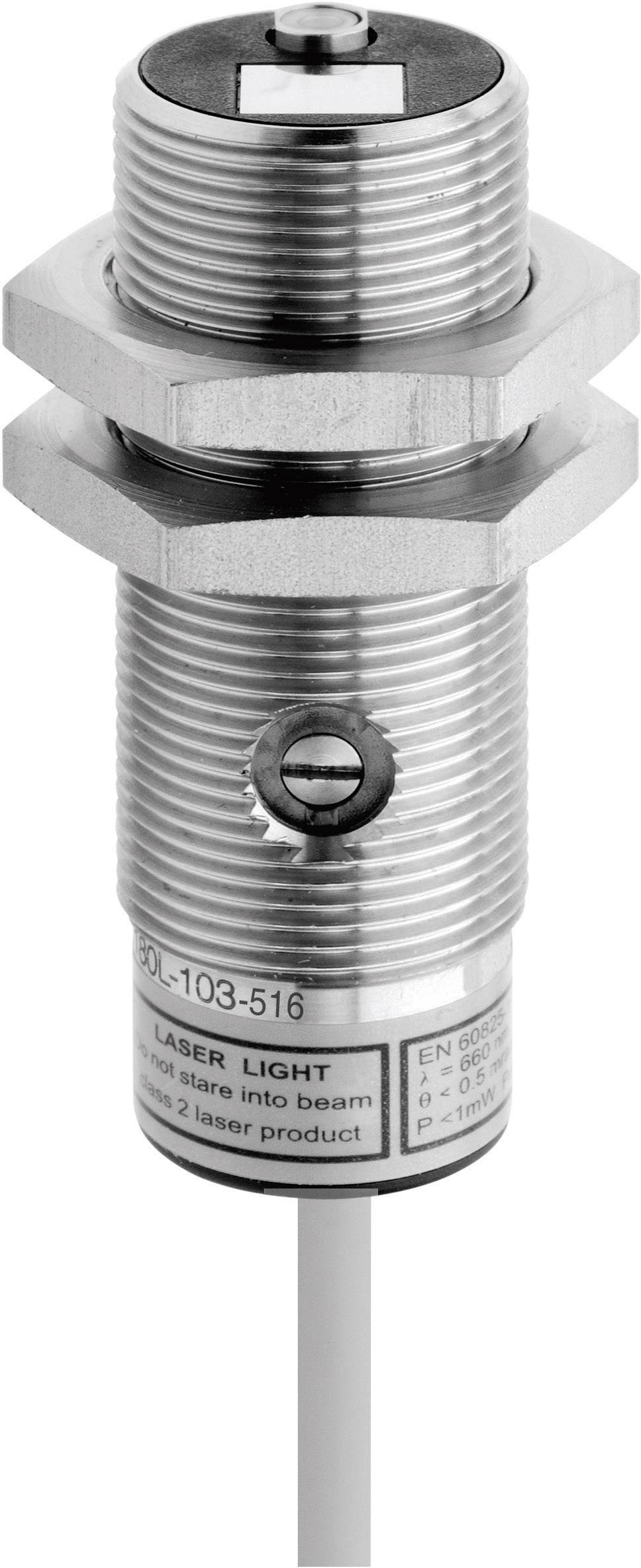 A cylindrical metal laser sensor with cable connection and warning label 'LASER LIGHT'. Use: precise distance measurement.