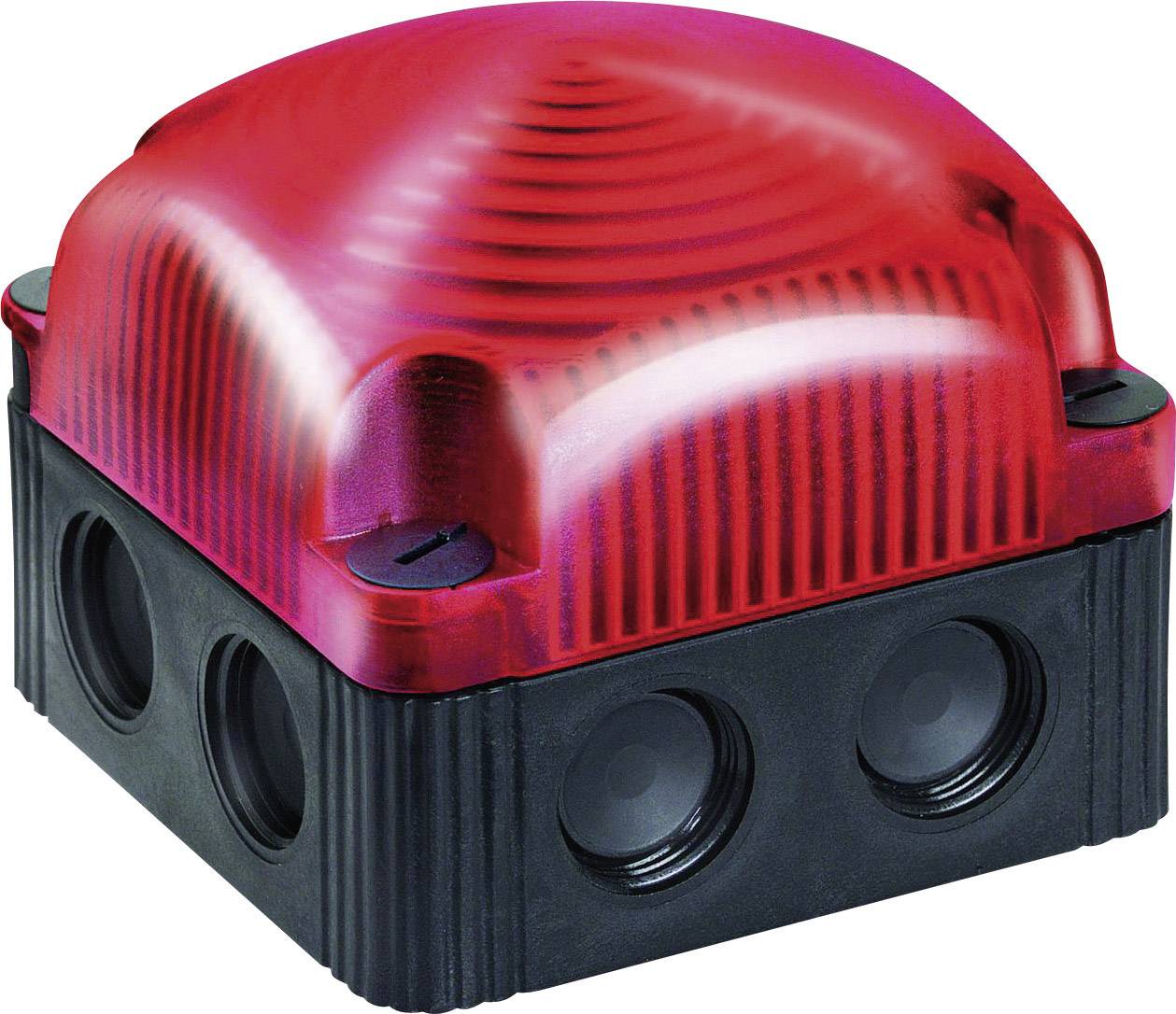 A red, square device with a ribbed casing and multiple round sensors. Could serve as a security or alarm system.
