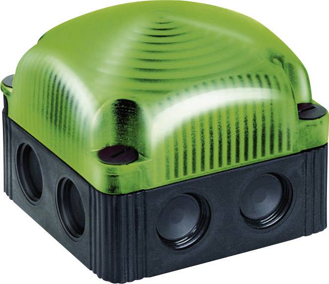 Green, square sensor housing with black sides and multiple circular openings. Used for industrial applications.