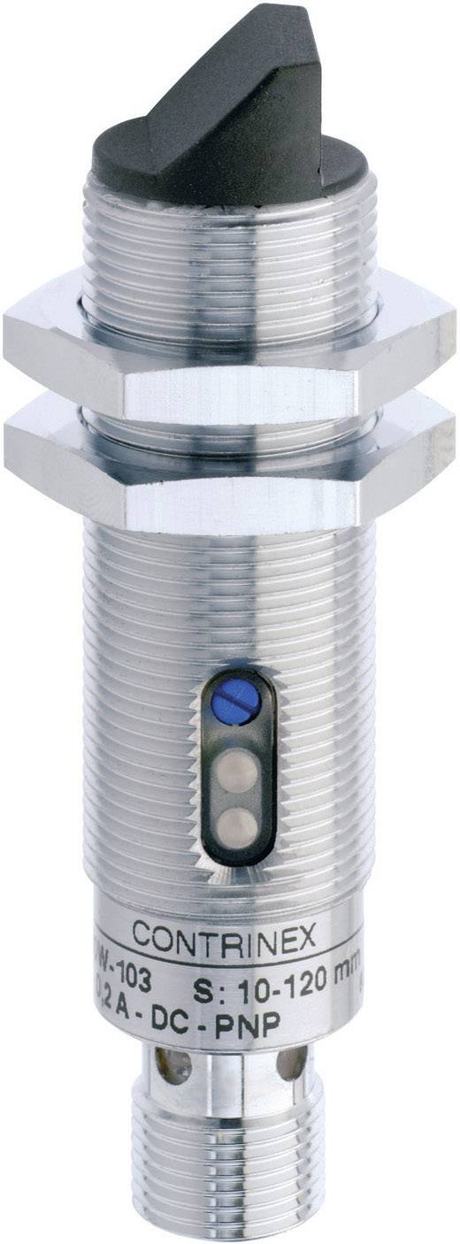 A cylindrical sensor from Contrinex with a metal housing, fitted with blue and silver marking, likely for industrial applications.