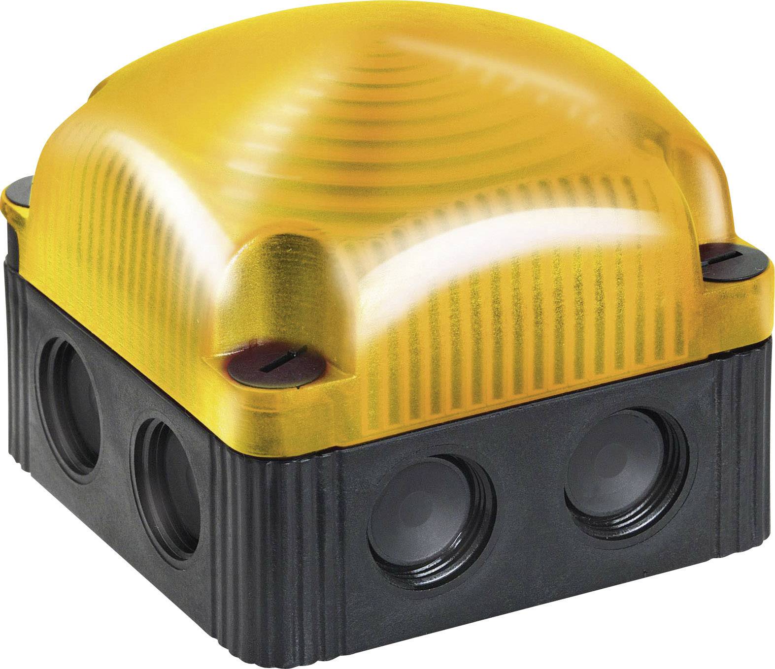 A square, black device with four round sensors on the sides and a transparent, yellow casing on the top.