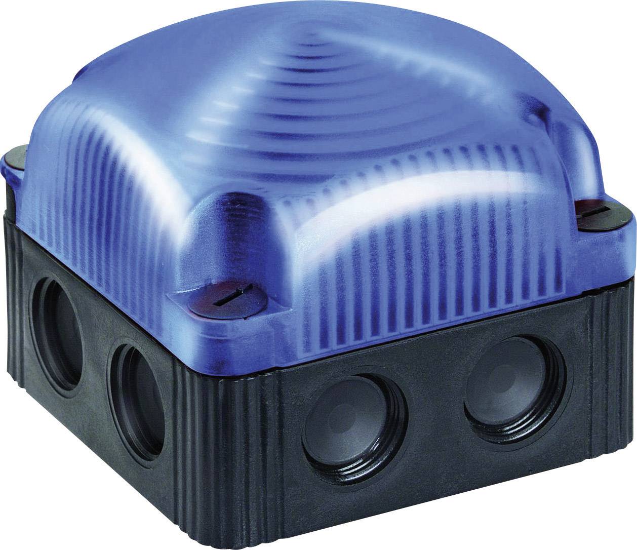 A square, black device with a blue, transparent upper cover, which may serve as a sensor or switch.