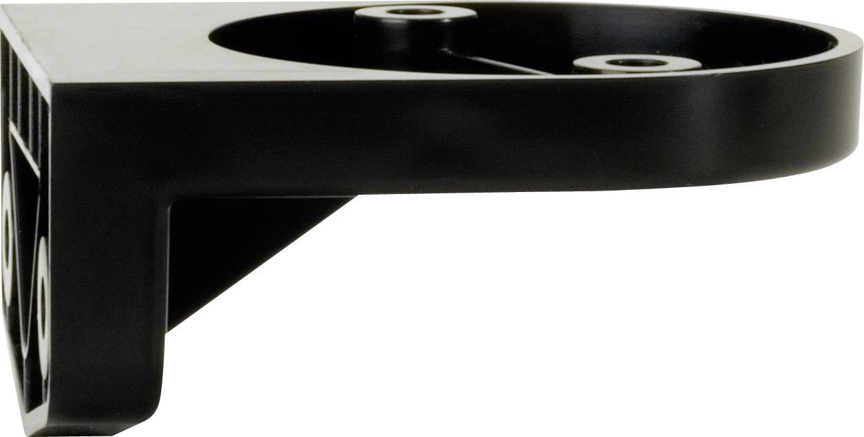 Black, L-shaped plastic mounting bracket with a round, flat top surface and mounting holes, side view.