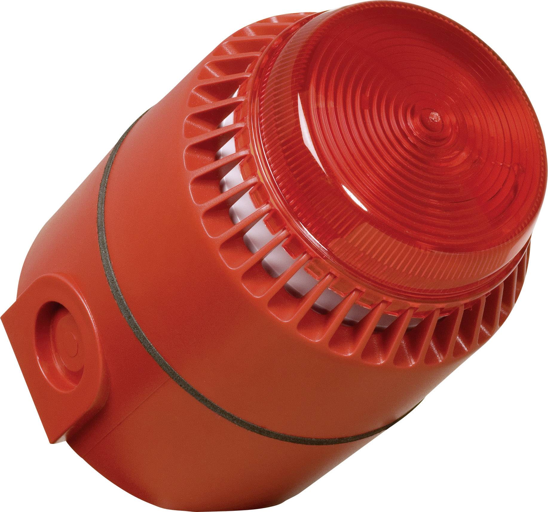 Red warning signal device, cylindrical, with ribbed lid. Used in emergency situations for visual alarm indication.
