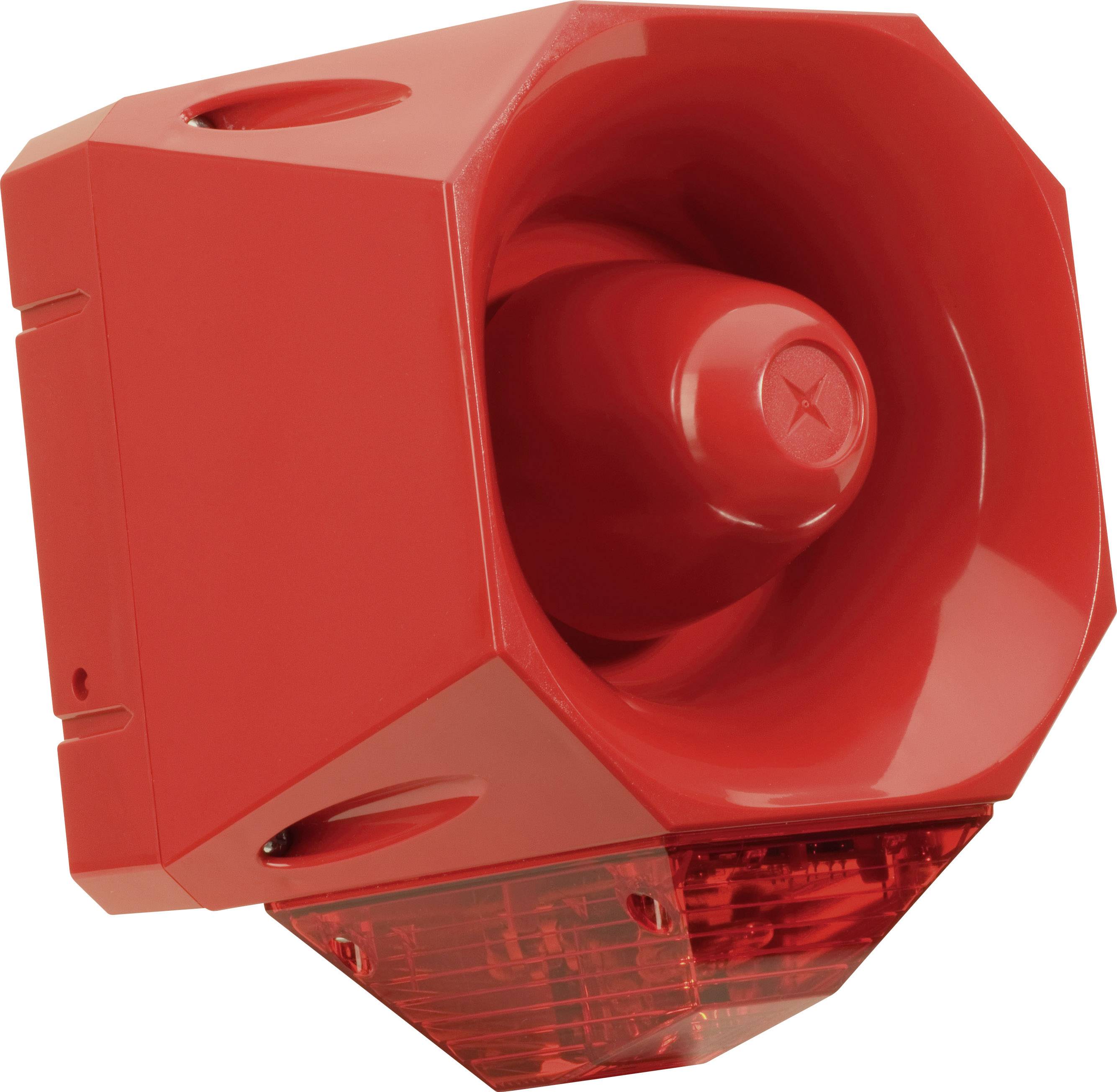 Red, hexagonal alarm system with speaker and light signal, typically used to warn of dangers or emergencies.