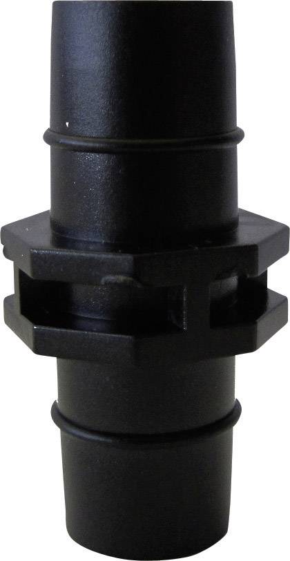 A black plastic adapter with two hose connections and a central mounting point. Used for connecting hoses.