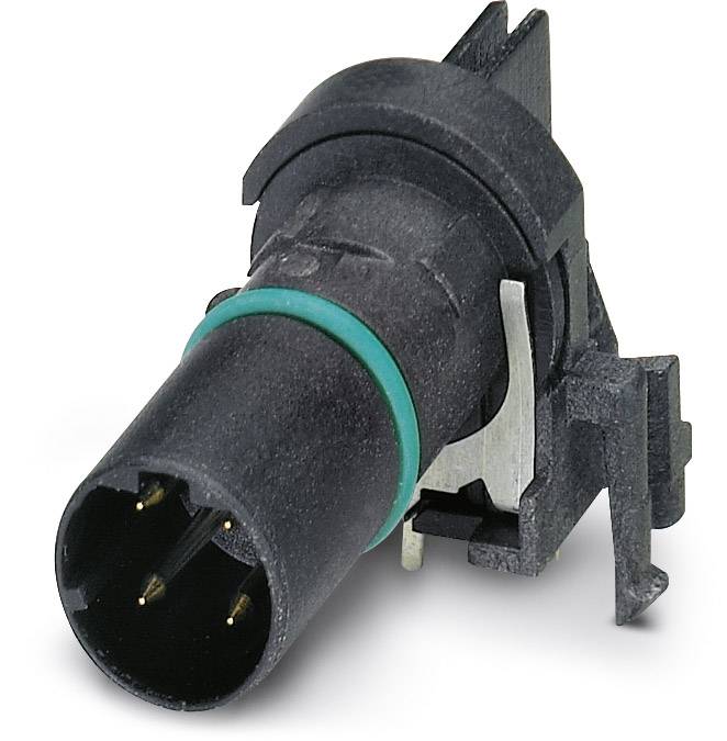 A black, cylindrical plug with a green ring and multiple pins, suitable for electronic connections.