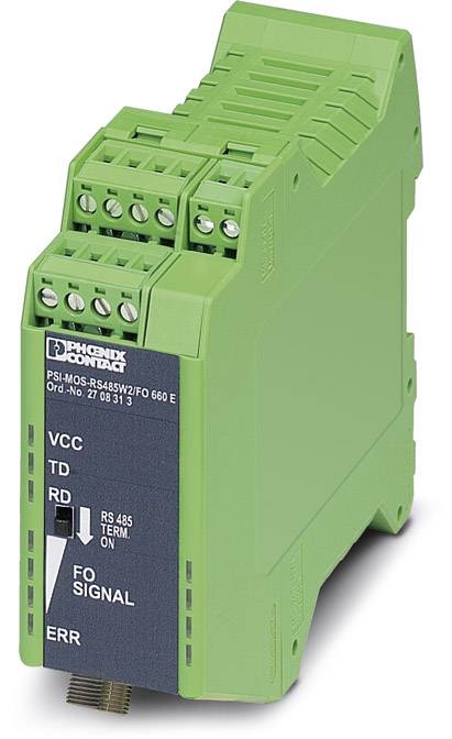 Green electronic module with brand printing, connections at the top. Used for signal processing in industrial applications.
