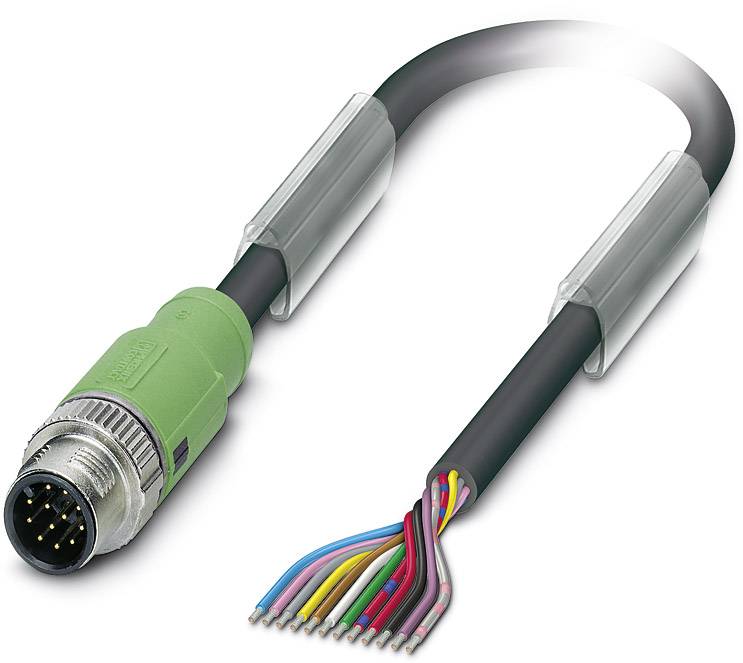 An open electrical cable displaying multiple coloured inner conductors, with a green plug at the end.