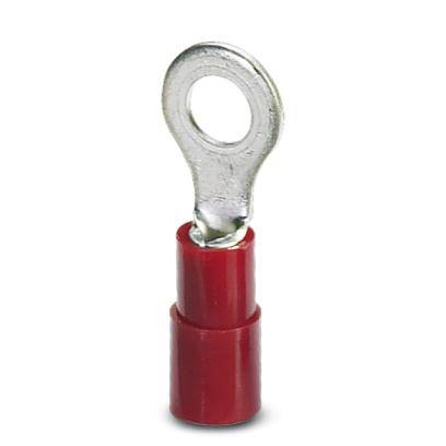 A cable lug with a red insulated sleeve and silver ring, used for electrical connections.