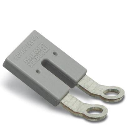 Grey NH fuse insert with two metal tongues. Inscription 'Phoenix Contact'. Used for electrical circuit protection.