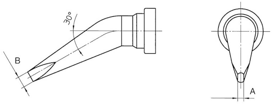 Technical drawing of a jet component with side and front views. The angle is 30 degrees. Markers A and B are present.