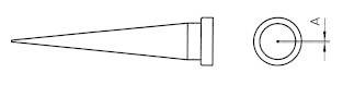 Technical drawing of a conical object with a cylindrical end, side and top view. Possibly a tool or component.